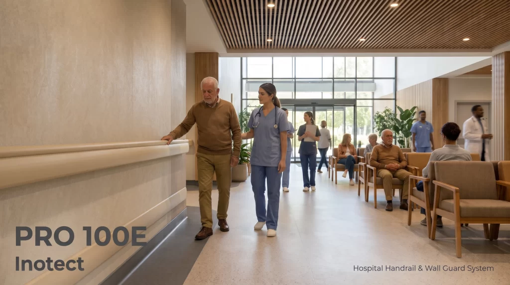 Continuous light beige Inotect PRO-100E wall protection and handrail system installed in a modern healthcare facility corridor