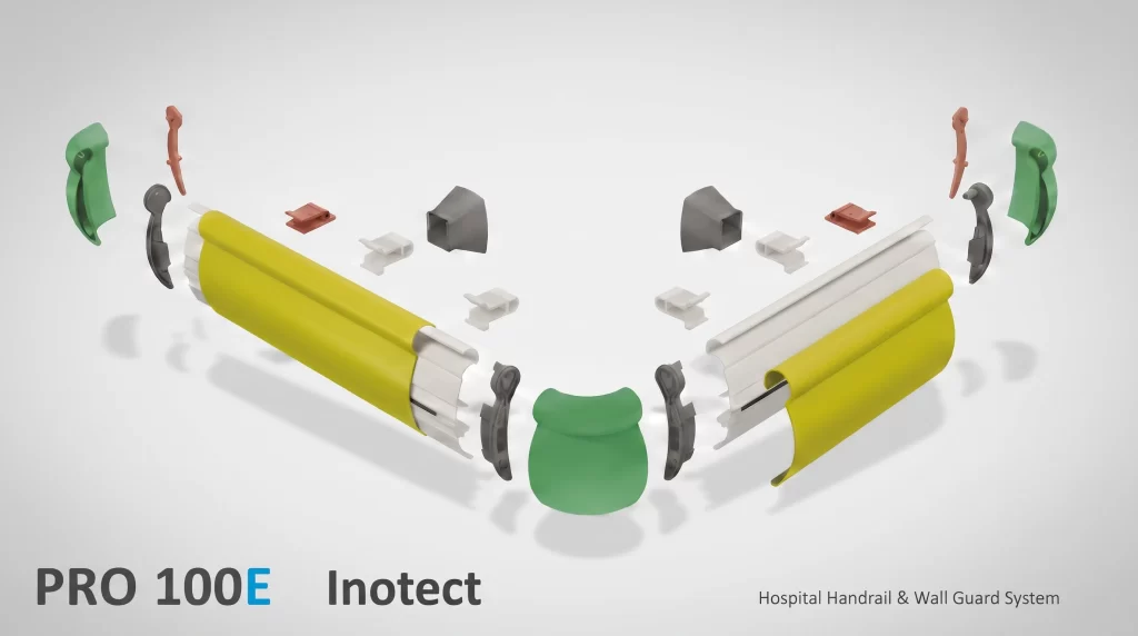 Inotect PRO-100E anti-bacterial hospital handrail and wall guard system exploded technical view showing vinyl cover and aluminum profile