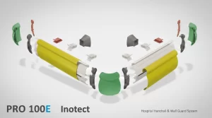 Inotect PRO-100E anti-bacterial hospital handrail and wall guard system exploded technical view showing vinyl cover and aluminum profile