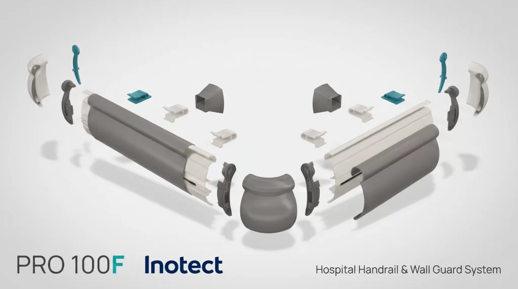 notect PRO-100F hospital handrail and wall protection guard system 3D technical exploded assembly view, showing antibacterial vinyl cover, aluminum profile, shock-absorbing rubber gaskets, corner fittings, and wall brackets