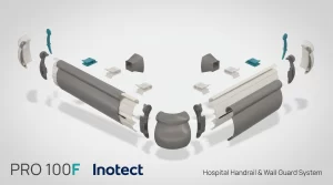 notect PRO-100F hospital handrail and wall protection guard system 3D technical exploded assembly view, showing antibacterial vinyl cover, aluminum profile, shock-absorbing rubber gaskets, corner fittings, and wall brackets