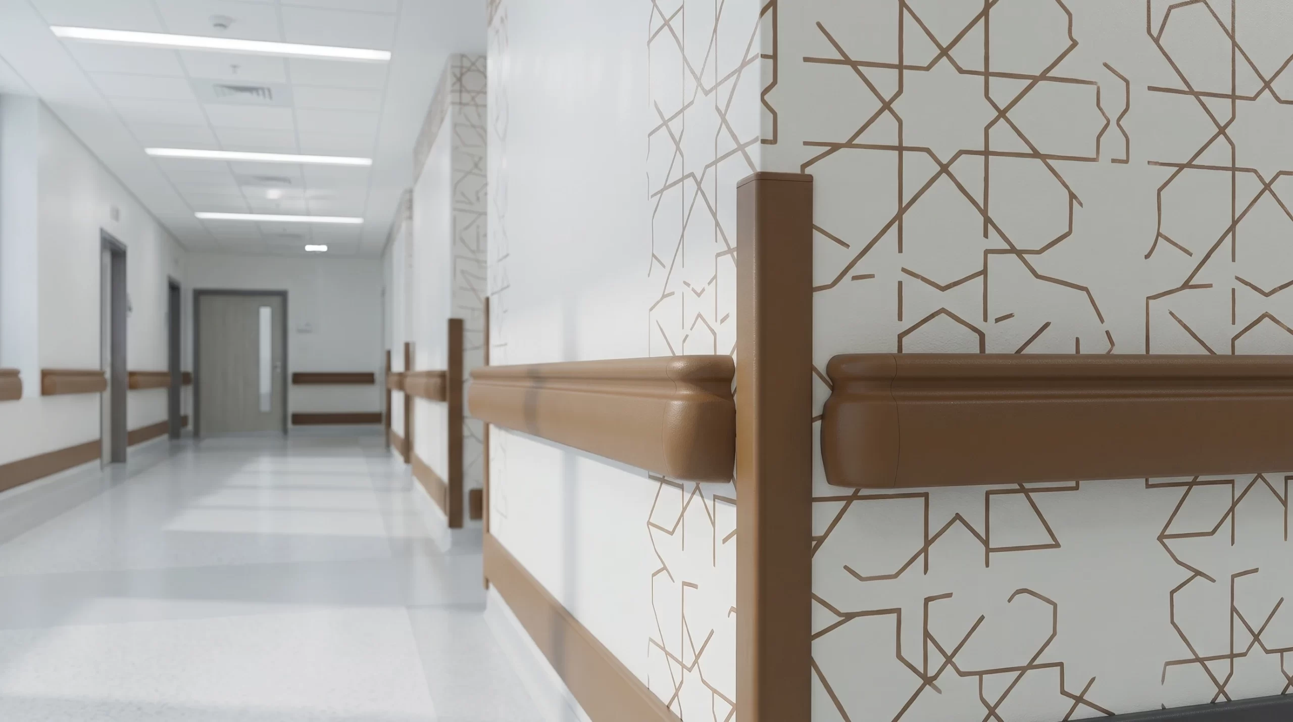 Inotect PRO-100f hospital elderly care center handrail and corner guard system in rich coffee brown dark beige