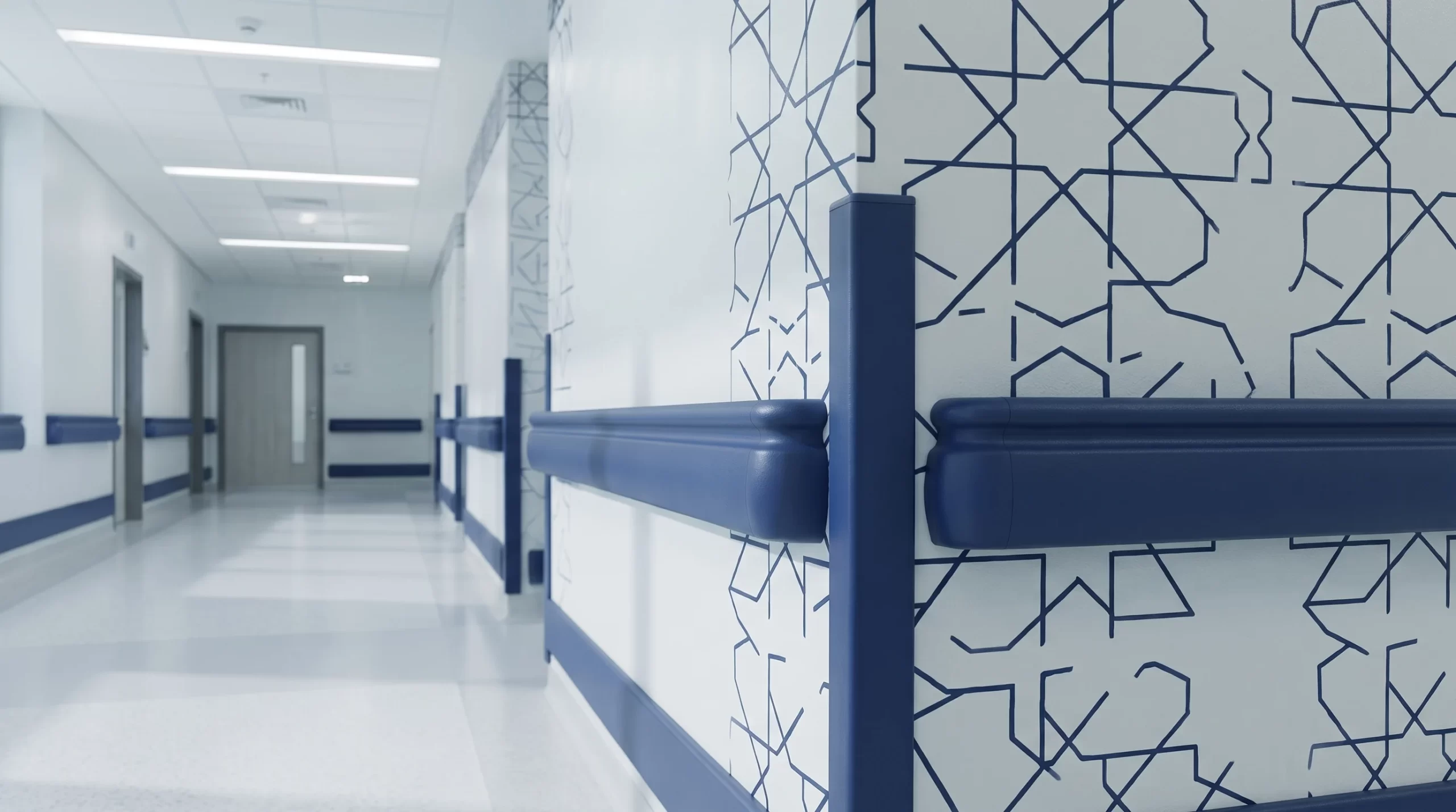 Inotect PRO-100f hospital elderly care center handrail and corner guard system in dark blue