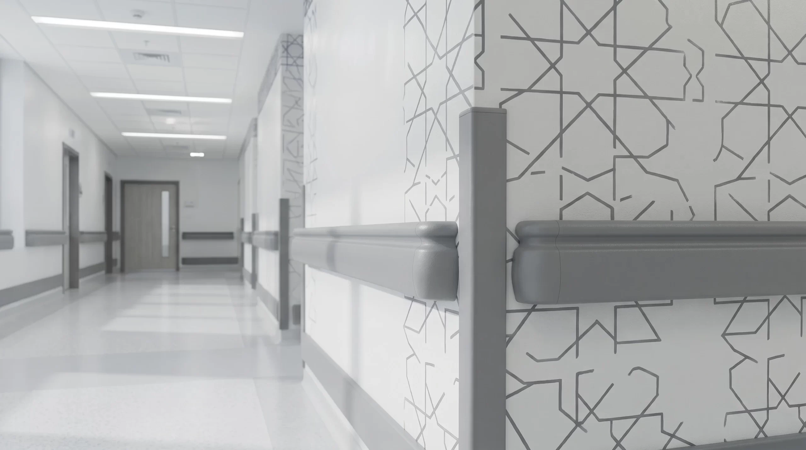 Inotect PRO-100f hospital elderly care center handrail and corner guard system in calming light grey