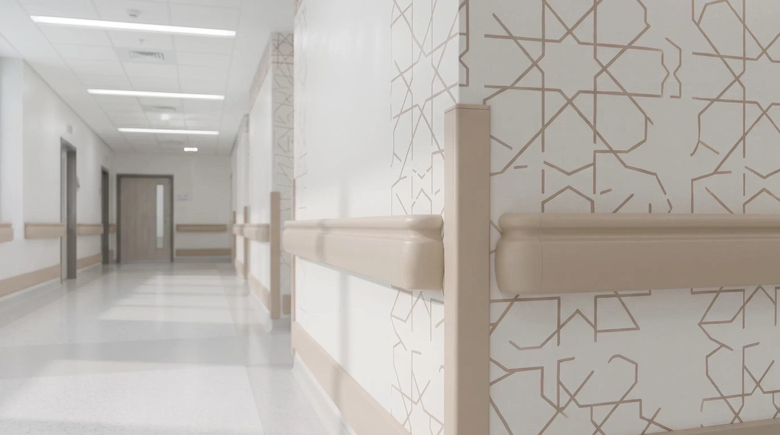 Inotect PRO-100f hospital handrail and corner guard system in natural light beige elderly care center