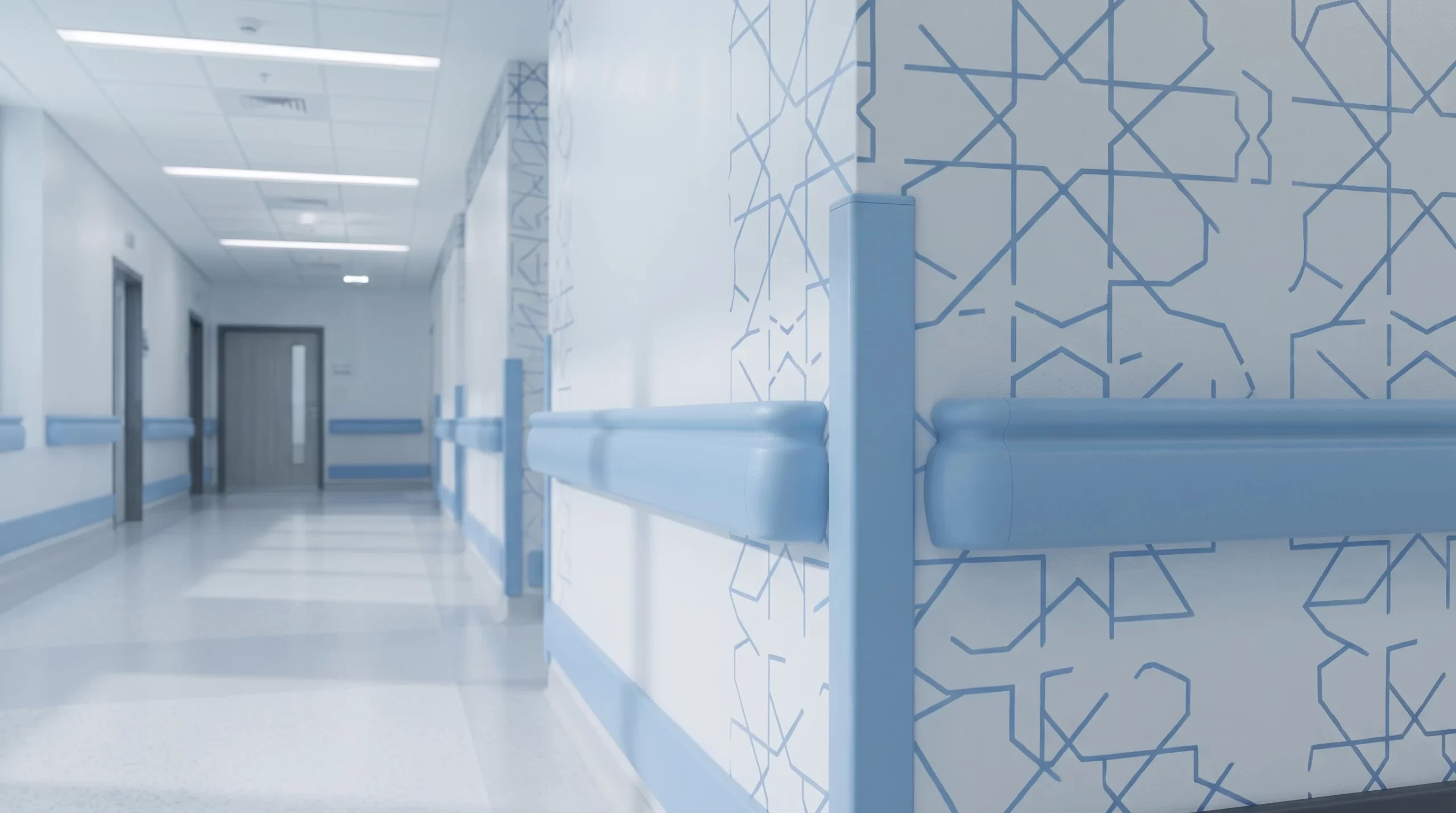Inotect PRO-100f hospital elderly care center handrail and corner guard system in calming light blue