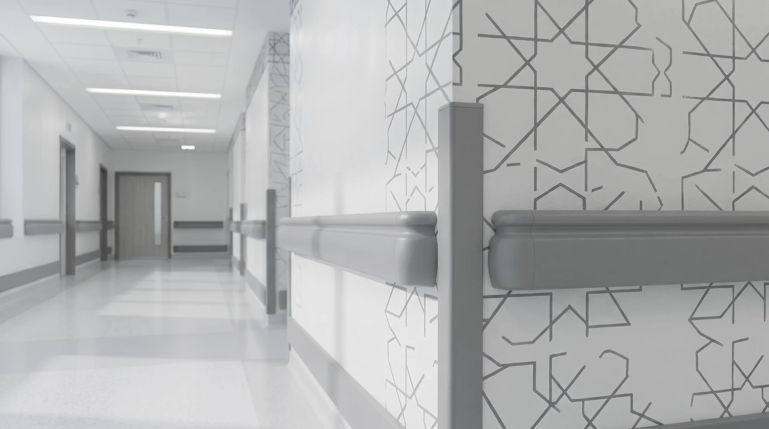 Inotect PRO-100f hospital elderly care center handrail and corner guard system in modern industrial grey