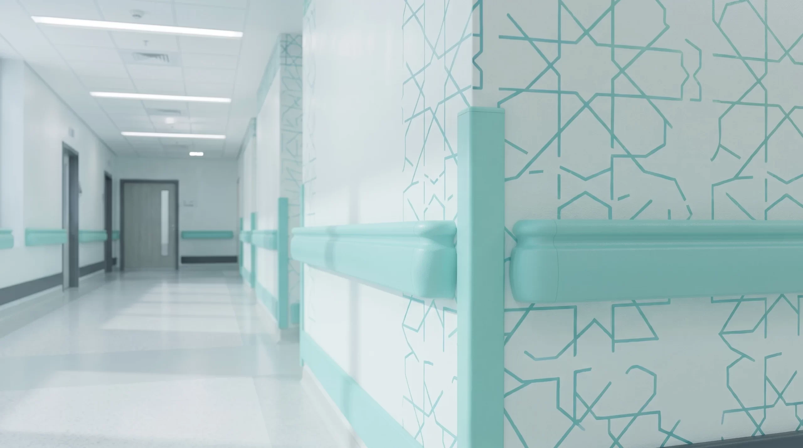 Inotect PRO-100f hospital elderly care center handrail and corner guard system in soft mint green