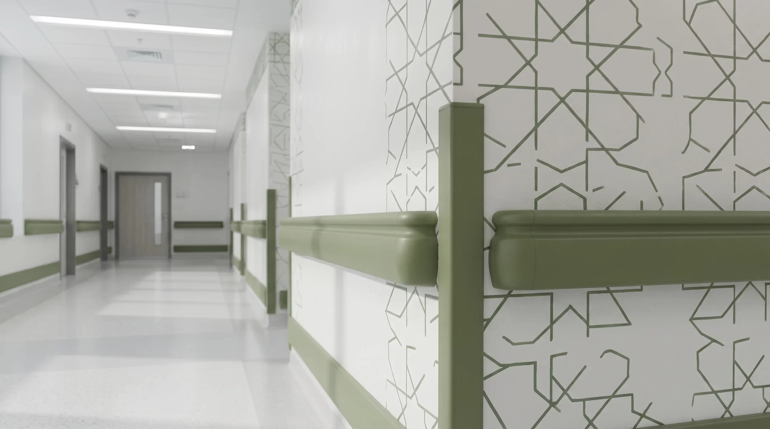 Inotect PRO-100f hospital elderly care center handrail and corner guard system in calming olive green