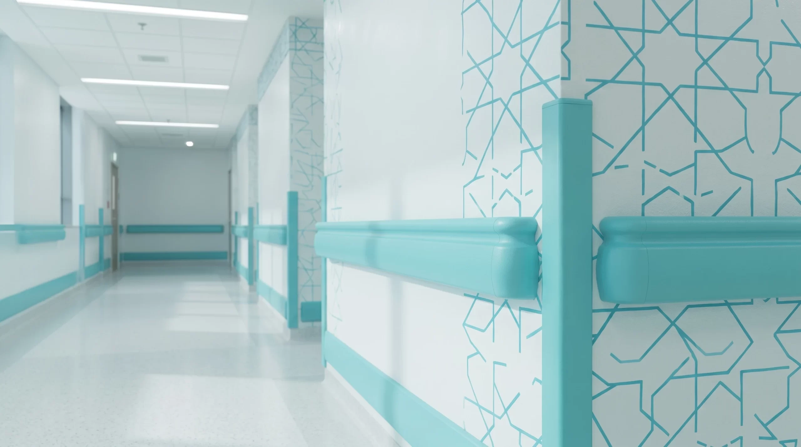 Inotect PRO-100f hospital elderly care center handrail and corner guard system in vibrant turquoise